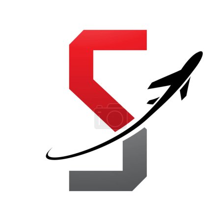 Illustration for Red and Black Futuristic Letter S Icon with an Airplane on a White Background - Royalty Free Image