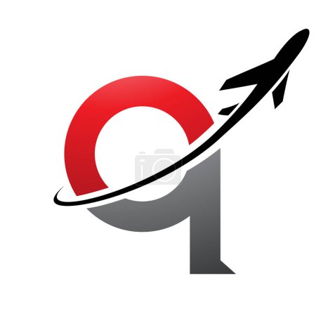 Illustration for Red and Black Lowercase Letter Q Icon with an Airplane on a White Background - Royalty Free Image