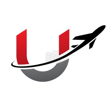 Illustration for Red and Black Lowercase Letter U Icon with an Airplane on a White Background - Royalty Free Image