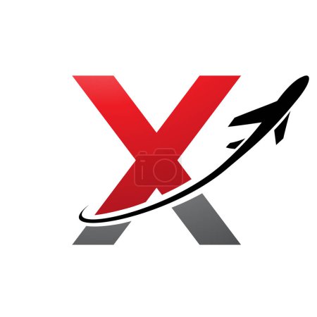 Illustration for Red and Black Lowercase Letter X Icon with an Airplane on a White Background - Royalty Free Image