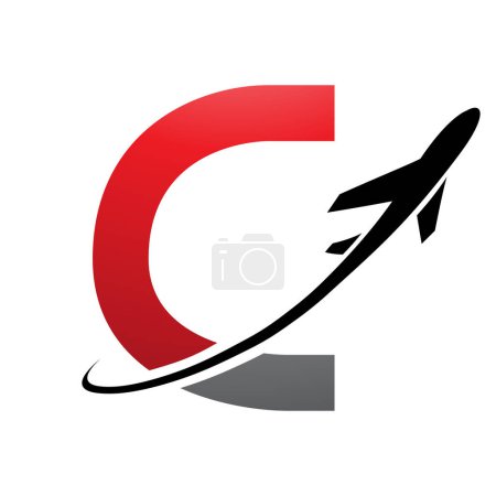 Illustration for Red and Black Uppercase Letter C Icon with an Airplane on a White Background - Royalty Free Image