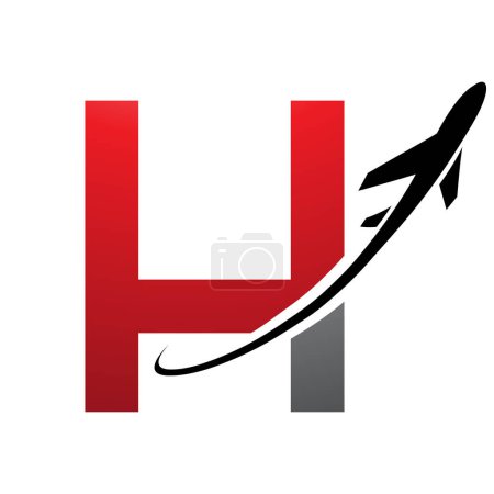 Illustration for Red and Black Uppercase Letter H Icon with an Airplane on a White Background - Royalty Free Image