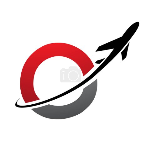Illustration for Red and Black Uppercase Letter O Icon with an Airplane on a White Background - Royalty Free Image