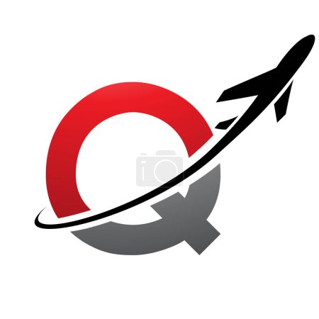 Illustration for Red and Black Uppercase Letter Q Icon with an Airplane on a White Background - Royalty Free Image
