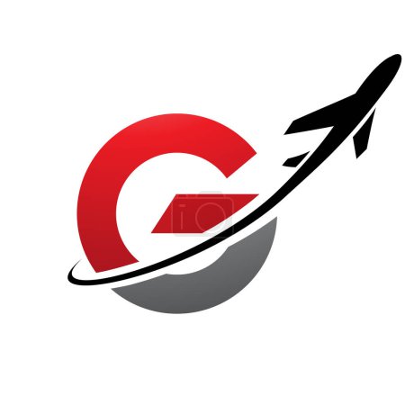 Illustration for Red and Black Uppercase Small Letter G Icon with an Airplane on a White Background - Royalty Free Image
