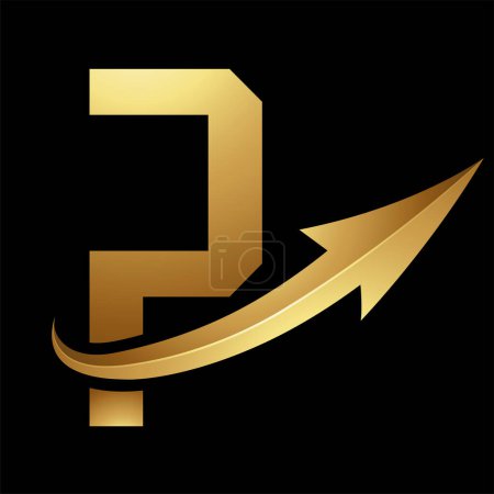 Illustration for Gold Futuristic Letter P Icon with a Glossy Arrow on a Black Background - Royalty Free Image