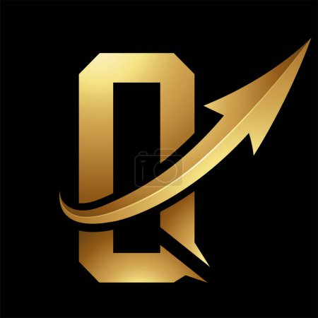 Illustration for Gold Futuristic Letter Q Icon with a Glossy Arrow on a Black Background - Royalty Free Image