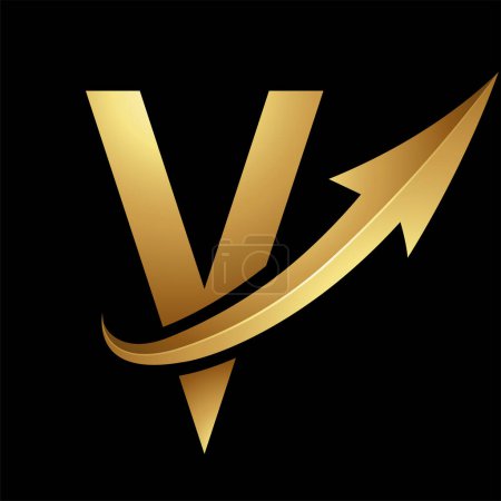 Illustration for Gold Futuristic Letter V Icon with a Glossy Arrow on a Black Background - Royalty Free Image
