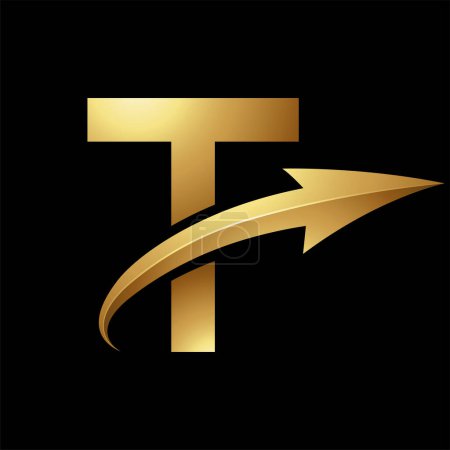 Illustration for Gold Uppercase Letter T Icon with a Glossy Arrow on a Black Background - Royalty Free Image