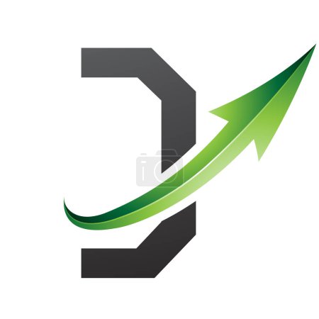 Illustration for Green and Black Futuristic Letter D Icon with a Glossy Arrow on a White Background - Royalty Free Image