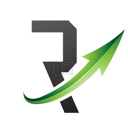 Grüner und schwarzer futuristischer Buchstabe R mit einem glänzenden Pfeil auf weißem Hintergrund