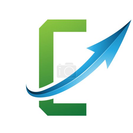 Ilustración de Icono de la letra C futurista verde y azul con una flecha brillante sobre un fondo blanco - Imagen libre de derechos
