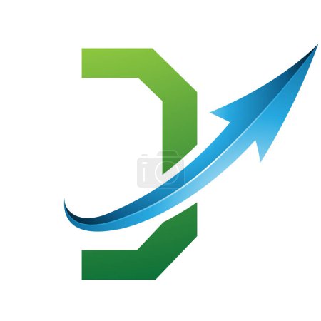 Illustration for Green and Blue Futuristic Letter D Icon with a Glossy Arrow on a White Background - Royalty Free Image