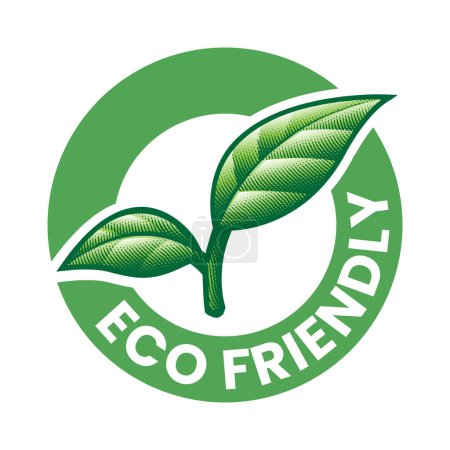 Illustration for Eco Friendly Engraved Icon with 2 Green Leaves on a White Background - Royalty Free Image