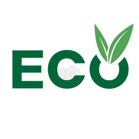 Ilustración de Eco icono con letras mayúsculas de color verde oscuro y hojas en forma de V sobre un fondo blanco - Imagen libre de derechos
