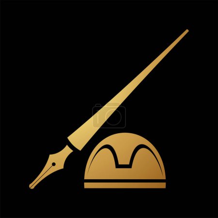 Illustration for Gold Abstract Dip Pen Stationery Icon on a Black Background - Royalty Free Image