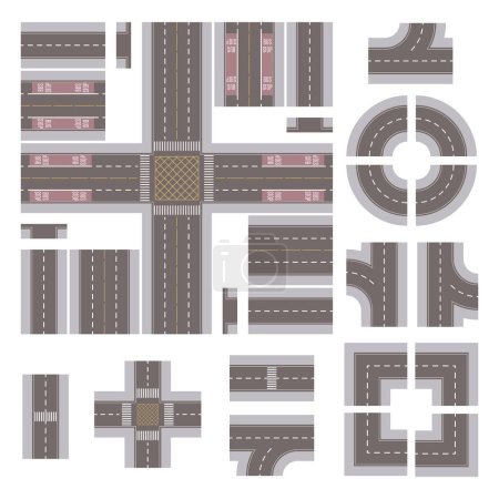 Illustration for Top Down Grey Main Street and Road Building Kit isolated on a White Background - Royalty Free Image