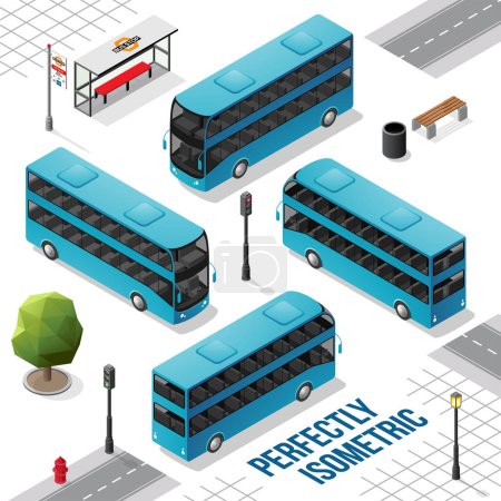 Téléchargez les illustrations : Bus isométrique à double étage bleu et noir de l'avant vers l'arrière à droite et à gauche isolé sur blanc - en licence libre de droit