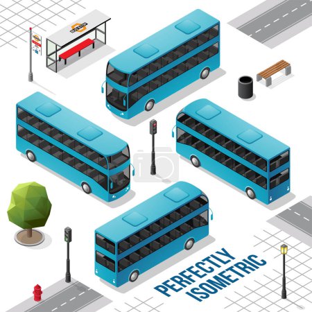 Téléchargez les illustrations : Bus isométrique bleu à deux étages de l'avant vers l'arrière à droite et à gauche isolé sur blanc - en licence libre de droit