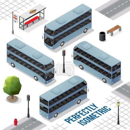 Téléchargez les illustrations : Bus isométrique Bleu Gris Double Decker de l'avant à droite et à gauche isolé sur Blanc - en licence libre de droit