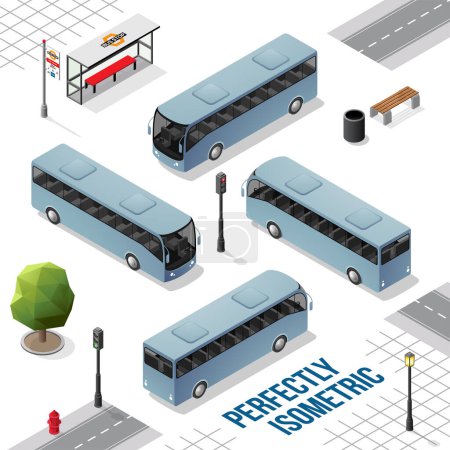 Ilustración de Bus Isométrico Azul Gris desde el Frente Atrás Derecha e Izquierda aisladas en Blanco - Imagen libre de derechos
