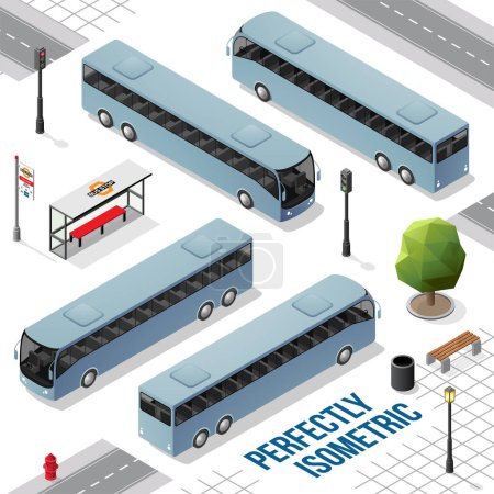 Téléchargez les illustrations : Bus isométrique long gris bleu de l'avant vers l'arrière à droite et à gauche isolé sur blanc - en licence libre de droit