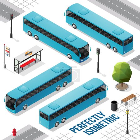 Téléchargez les illustrations : Bus isométrique long bleu de l'avant vers l'arrière à droite et à gauche isolé sur blanc - en licence libre de droit