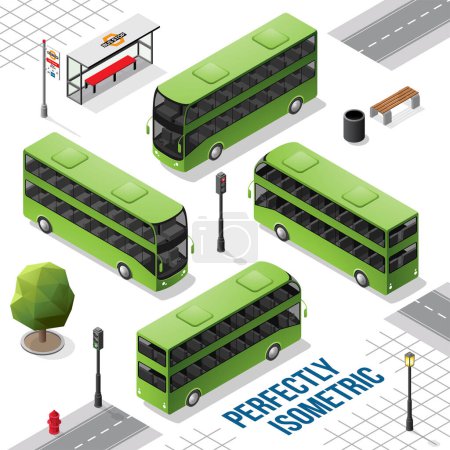 Téléchargez les illustrations : Bus isométrique vert et noir à deux étages, de l'avant vers l'arrière, à droite et à gauche, isolé sur blanc - en licence libre de droit