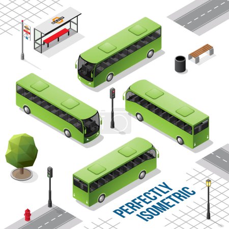 Téléchargez les illustrations : Bus isométrique vert de l'avant arrière droit et gauche isolé sur blanc - en licence libre de droit