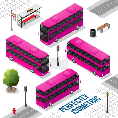 Téléchargez les illustrations : Bus isométrique Magenta et Black Double Decker de l'avant arrière droit et gauche isolé sur blanc - en licence libre de droit