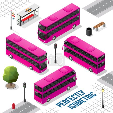 Téléchargez les illustrations : Bus isométrique Magenta à double étage de l'avant vers l'arrière à droite et à gauche isolé sur blanc - en licence libre de droit