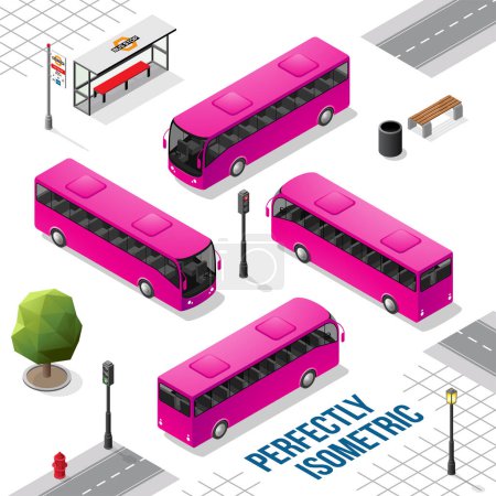 Téléchargez les illustrations : Magenta bus isométrique de l'avant arrière droit et gauche isolé sur blanc - en licence libre de droit