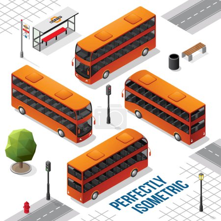 Illustration for Orange Double Decker Isometric Bus from the Front Back Right and Left isolated on White - Royalty Free Image