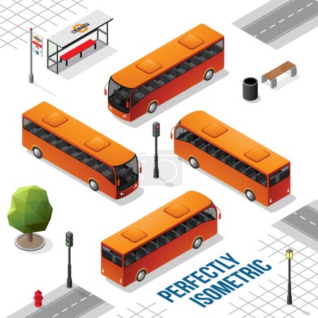 Illustration for Orange Isometric Bus from the Front Back Right and Left isolated on White - Royalty Free Image