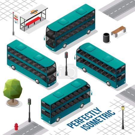 Téléchargez les illustrations : Bus isométrique à deux étages vert persan et noir de l'avant arrière droit et gauche isolé sur blanc - en licence libre de droit
