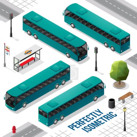 Téléchargez les illustrations : Bus isométrique long vert persan de l'avant vers l'arrière à droite et à gauche isolé sur blanc - en licence libre de droit
