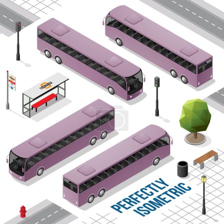 Téléchargez les illustrations : Bus Isométrique Long Violet de l'avant à droite et à gauche isolé sur Blanc - en licence libre de droit