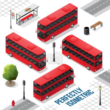 Téléchargez les illustrations : Bus isométrique rouge à deux étages de l'avant vers l'arrière à droite et à gauche isolé sur blanc - en licence libre de droit
