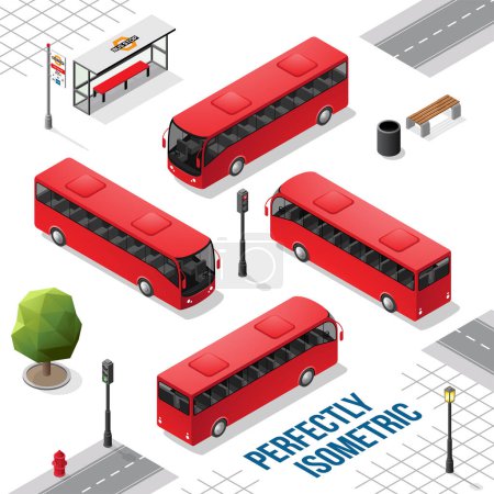 Téléchargez les illustrations : Bus isométrique rouge de l'avant arrière droit et gauche isolé sur blanc - en licence libre de droit
