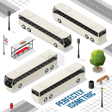 Ilustración de Bus Isométrico Blanco Largo desde el Frente Atrás Derecha e Izquierda aisladas en Blanco - Imagen libre de derechos