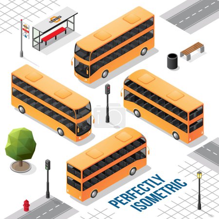 Téléchargez les illustrations : Bus isométrique jaune à deux étages, de l'avant vers l'arrière, à droite et à gauche, isolé sur blanc - en licence libre de droit
