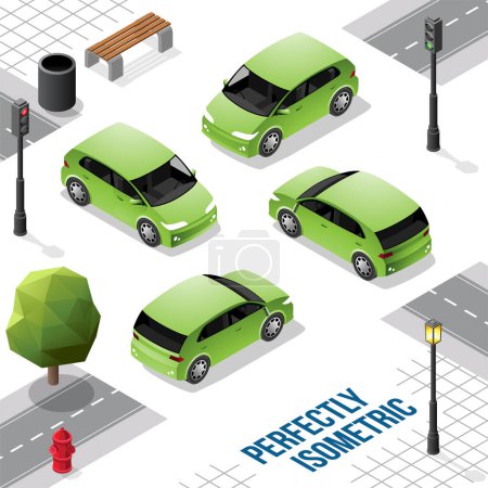 Téléchargez les illustrations : Petite voiture isométrique verte de l'avant vers l'arrière à droite et à gauche isolée sur blanc - en licence libre de droit