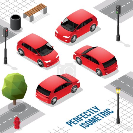 Téléchargez les illustrations : Petite voiture isométrique rouge de l'avant à droite et à gauche isolée sur blanc - en licence libre de droit