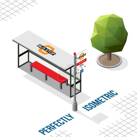 Illustration for Isometric Bus Stop Facing Left with a Tree isolated on a White Background - Royalty Free Image