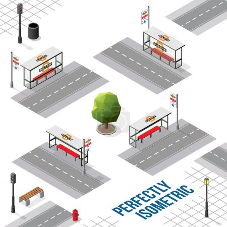 Illustration for Isometric Bus Stops with Roads from Front Back Right and Left Views isolated on a White Background - Royalty Free Image
