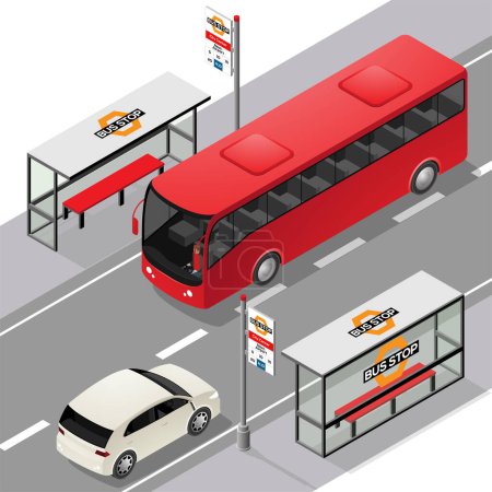 Téléchargez les illustrations : Arrêts de bus isométriques avec un bus et une voiture isolés sur un fond blanc - en licence libre de droit