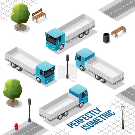 Téléchargez les illustrations : Camion isométrique bleu de l'avant arrière droit et gauche Vues isolées sur blanc - en licence libre de droit