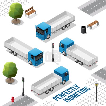 Téléchargez les illustrations : Camion isométrique bleu foncé de l'avant arrière droit et gauche Vues isolées sur blanc - en licence libre de droit