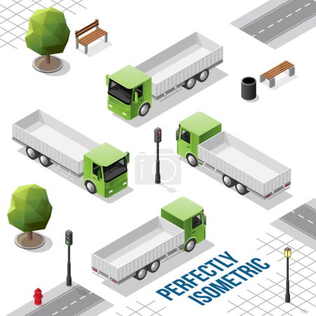 Téléchargez les illustrations : Camion isométrique vert de l'avant arrière droit et gauche Vues isolées sur blanc - en licence libre de droit