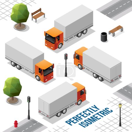 Ilustración de Camión grande isométrico naranja desde el frente Vista trasera derecha e izquierda aislado en blanco - Imagen libre de derechos